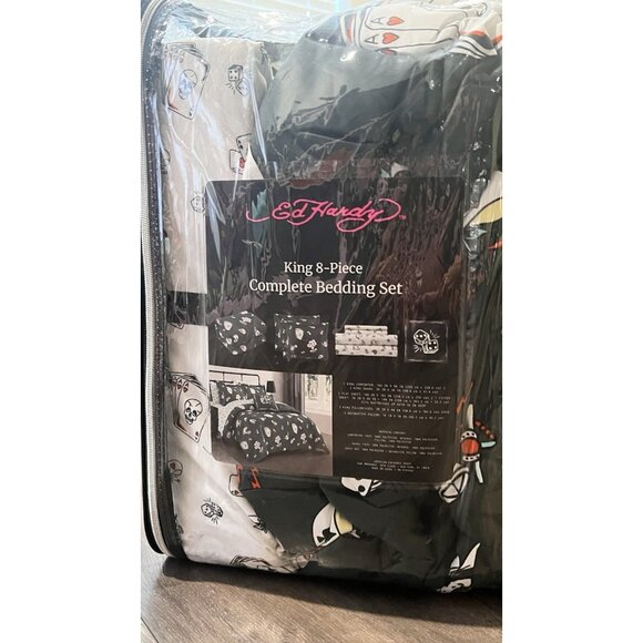 New Ed Hardy King 8Pc Complete Bedding Set Comforter Sheet Pillowcase Black - Picture 4 of 12